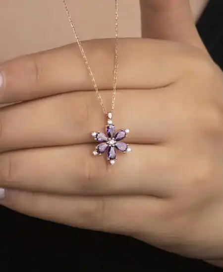 Gümüş Rose Mor Lotus Çiçeği Kadın Kolye