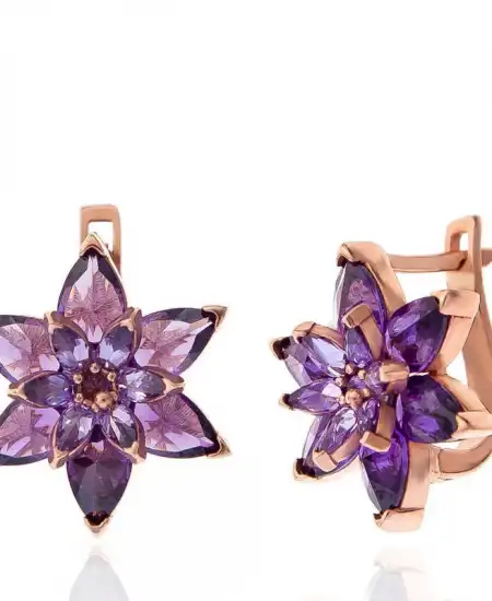 Gümüş Rose Mor Lotus Çiçeği Kadın Küpe