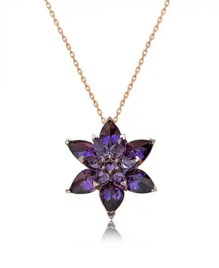 Gümüş Rose Mor Lotus Çiçeği Kolye