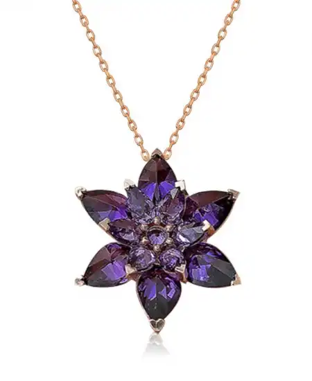 Gümüş Rose Mor Lotus Çiçeği Kolye