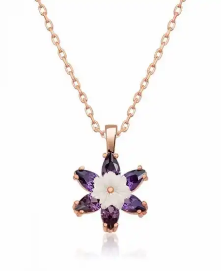 Gümüş Rose Mor Lotus Çiçeği Kolye