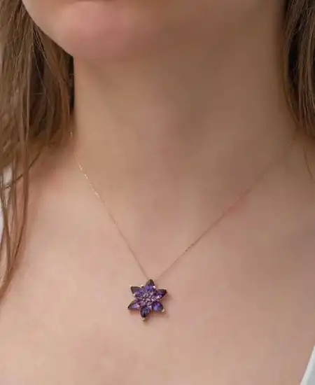 Gümüş Rose Mor Lotus Çiçeği Kolye