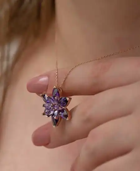 Gümüş Rose Mor Lotus Çiçeği Kolye