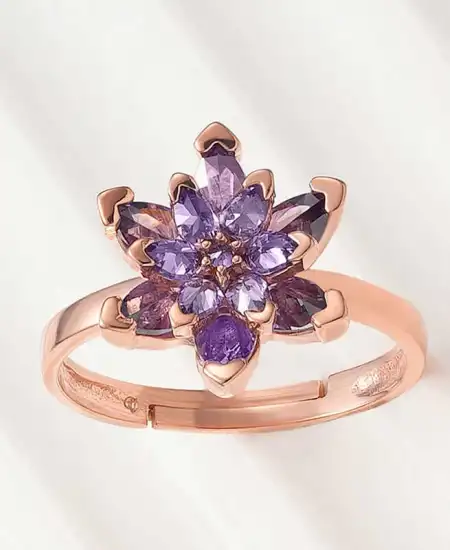 Gümüş Rose Mor Lotus Çiçeği Yüzük