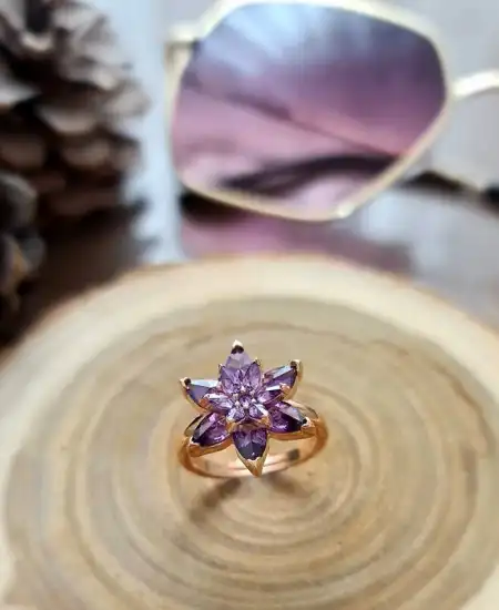 Gümüş Rose Mor Lotus Çiçeği Yüzük