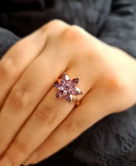 Gümüş Rose Mor Lotus Çiçeği Yüzük