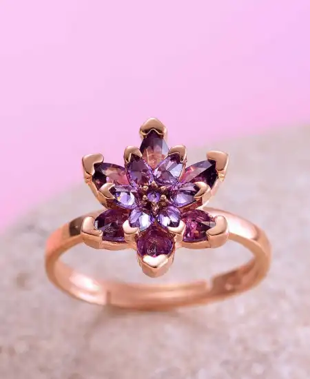 Gümüş Rose Mor Lotus Çiçeği Yüzük