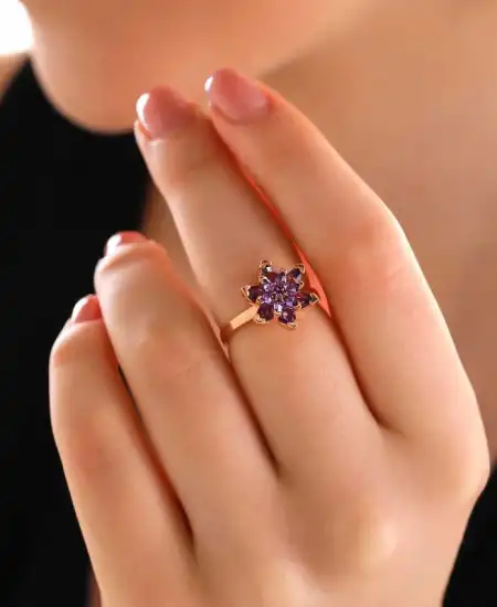 Gümüş Rose Mor Lotus Çiçeği Yüzük