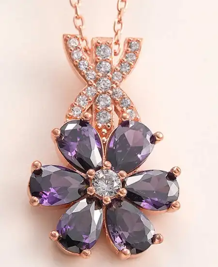 Gümüş Rose Mor Sevgi Çiçeği Kadın Kolye