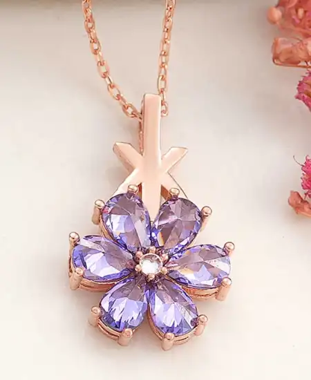 Gümüş Rose Mor Sevgi Çiçeği Kadın Kolye