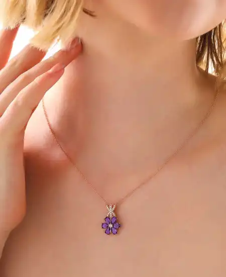 Gümüş Rose Mor Sevgi Çiçeği Kadın Kolye
