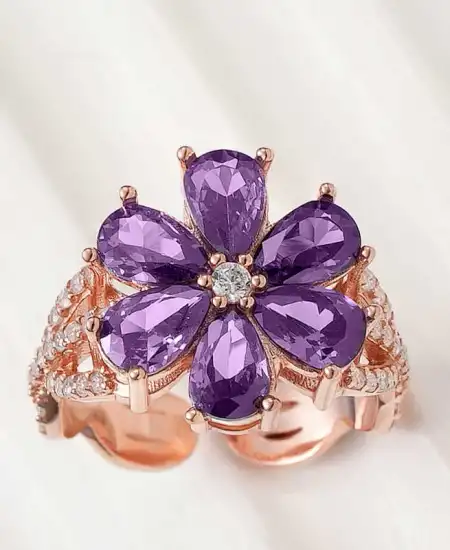 Gümüş Rose Mor Sevgi Çiçeği Kadın Yüzük