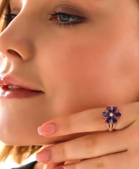 Gümüş Rose Mor Sevgi Çiçeği Kadın Yüzük