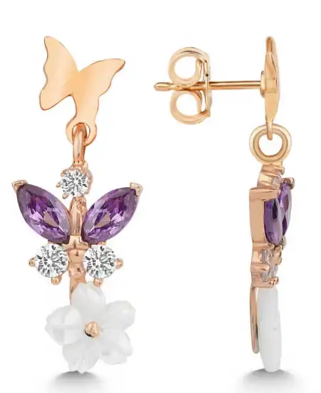 Gümüş Rose Mor Taşlı Sedef Çiçek Çivili Kadın Küpe