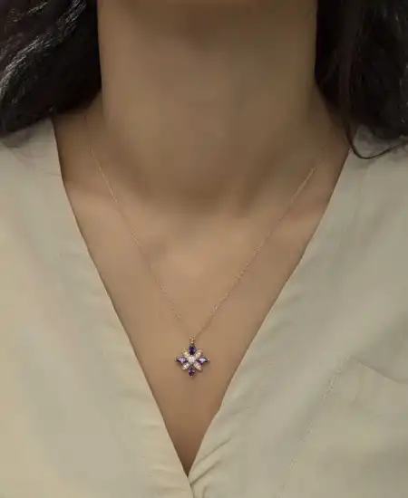 Gümüş Rose Mor Taşlı Umut Çiçeği Kolye