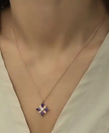 Gümüş Rose Mor Taşlı Umut Çiçeği Kolye