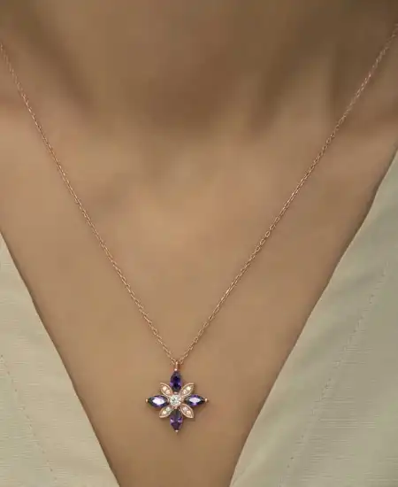 Gümüş Rose Mor Taşlı Umut Çiçeği Kolye