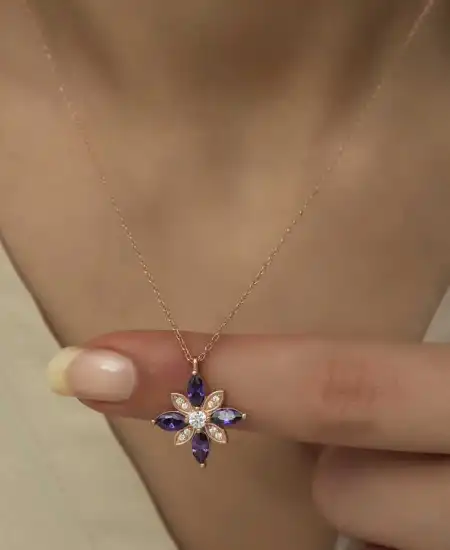 Gümüş Rose Mor Taşlı Umut Çiçeği Kolye