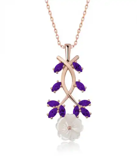 Gümüş Rose Mor Yapraklı Bahar Çiçeği Kolye