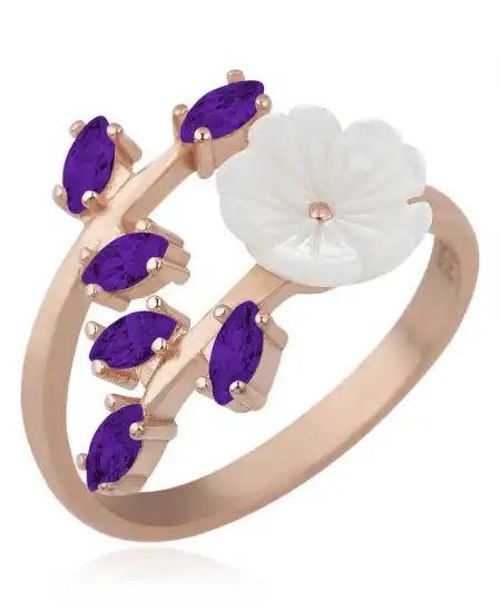 Gümüş Rose Mor Yapraklı Bahar Çiçeği Yüzük