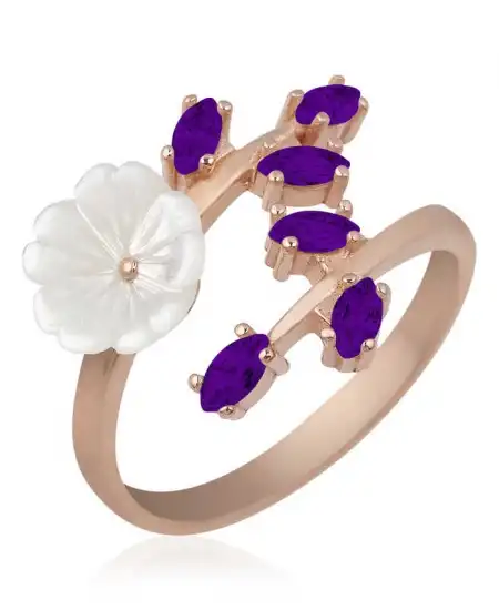 Gümüş Rose Mor Yapraklı Bahar Çiçeği Yüzük