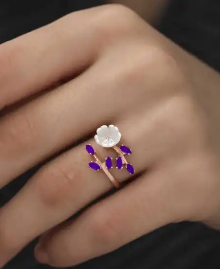 Gümüş Rose Mor Yapraklı Bahar Çiçeği Yüzük