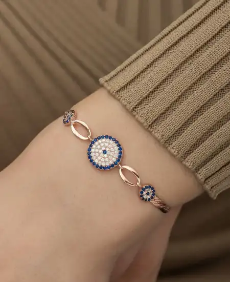 Gümüş Rose Nazar Boncuklu Bileklik