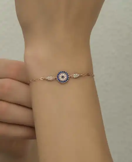 Gümüş Rose Nazar Boncuklu Kadın Bileklik