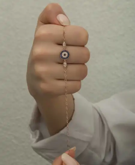 Gümüş Rose Nazar Boncuklu Kadın Bileklik