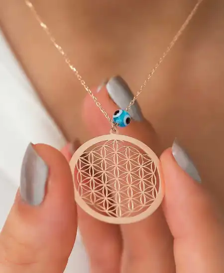 Gümüş Rose Nazar Gözlü Yaşam Çiçeği Kolye