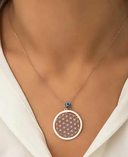 Gümüş Rose Nazar Gözlü Yaşam Çiçeği Kolye