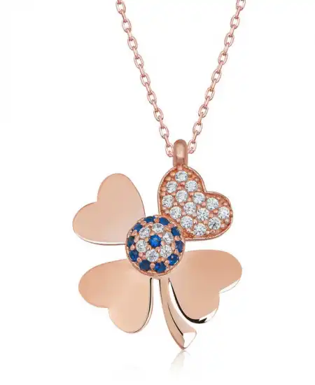 Gümüş Rose Nazarlı Dört Yapraklı Yonca Kadın Kolye