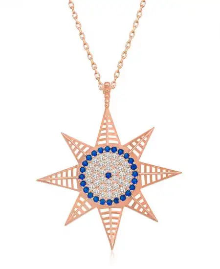 Gümüş Rose Nazarlı Kutup Yıldızı Kadın Kolye