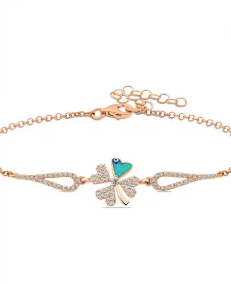 Gümüş Rose Nazarlı Yonca Kadın Bileklik