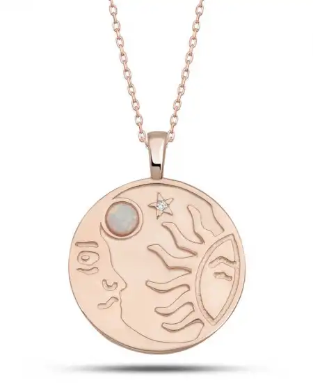 Gümüş Rose Opal Beyaz Taşlı Ay Güneş Kadın Kolye