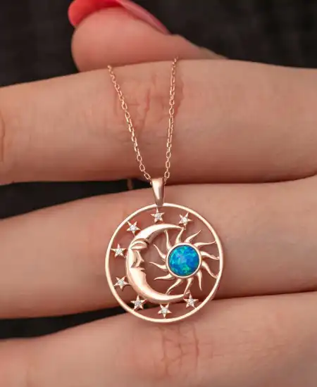 Gümüş Rose Opal Mavi Taşlı Ay Güneş Kadın Kolye