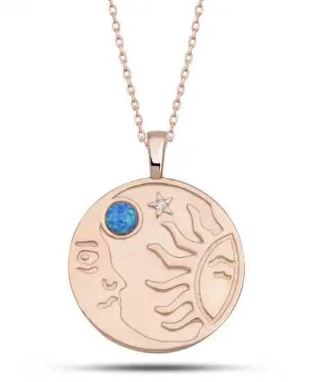 Gümüş Rose Opal Mavi Taşlı Ay Güneş Kadın Kolye