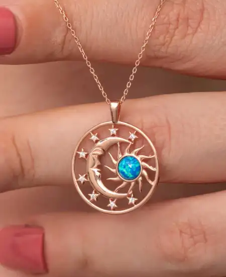 Gümüş Rose Opal Mavi Taşlı Ay Güneş Kadın Kolye