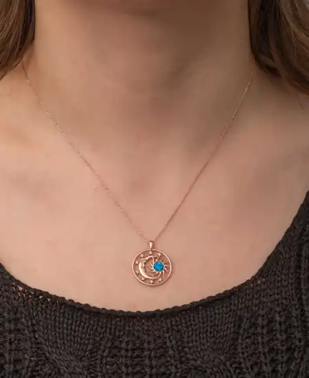 Gümüş Rose Opal Mavi Taşlı Ay Güneş Kadın Kolye