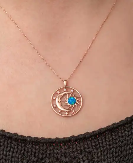 Gümüş Rose Opal Mavi Taşlı Ay Güneş Kadın Kolye