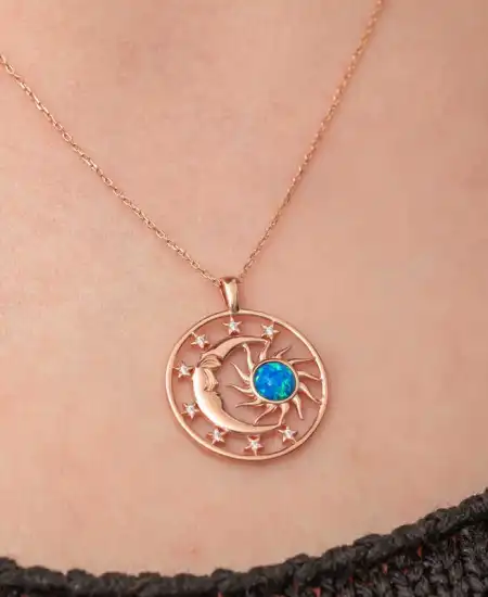 Gümüş Rose Opal Mavi Taşlı Ay Güneş Kadın Kolye
