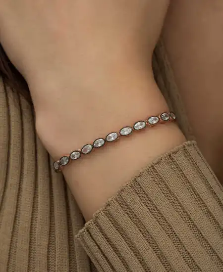 Gümüş Rose Oval Kesim Elmas Montür Asansör Bileklik
