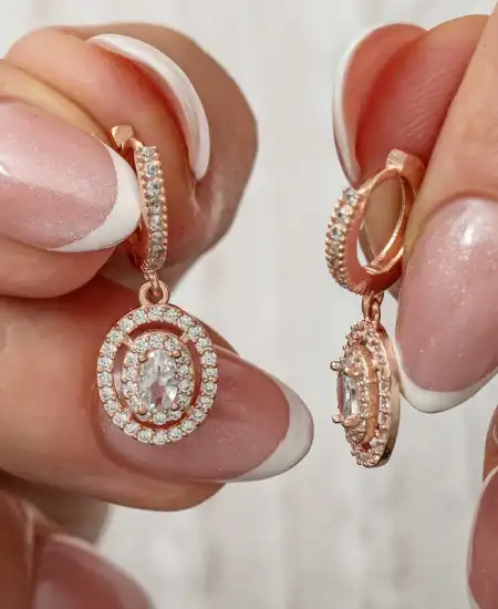 Gümüş Rose Oval Taşlı Sallantılı Küpe