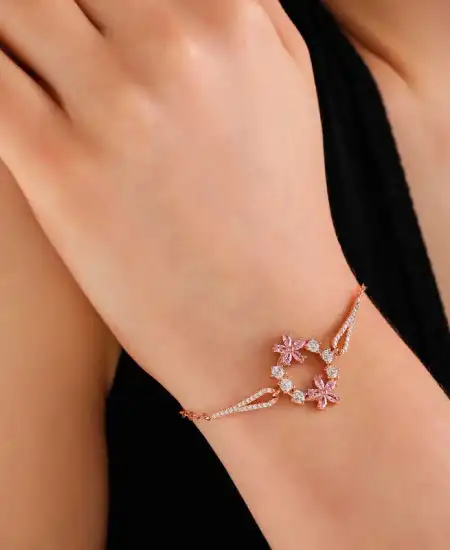 Gümüş Rose Pembe Çiçek Kadın Bileklik