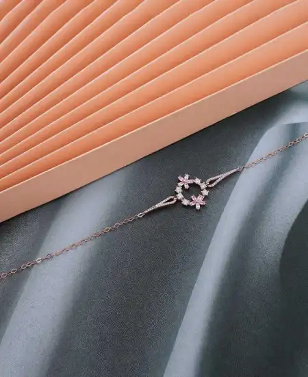Gümüş Rose Pembe Çiçek Kadın Bileklik