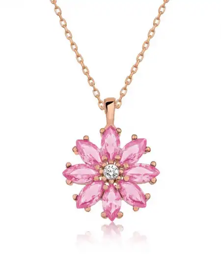Gümüş Rose Pembe Çiçek Kolye