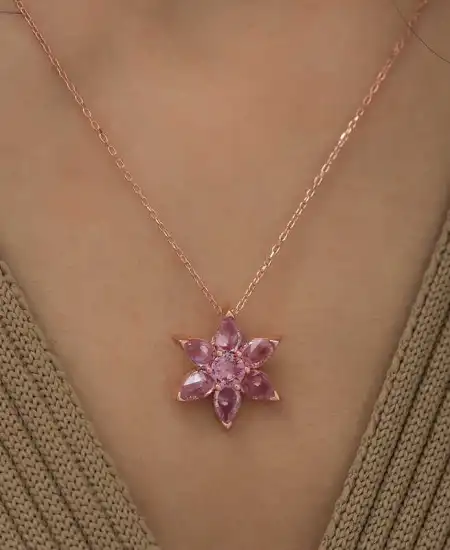 Gümüş Rose Pembe Çiçek Kolye