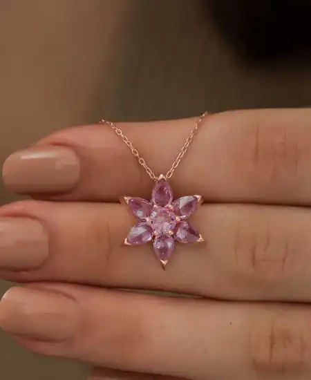 Gümüş Rose Pembe Çiçek Kolye