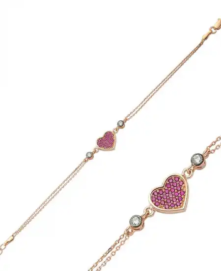 Gümüş Rose Pembe Kalpli Bayan Bileklik