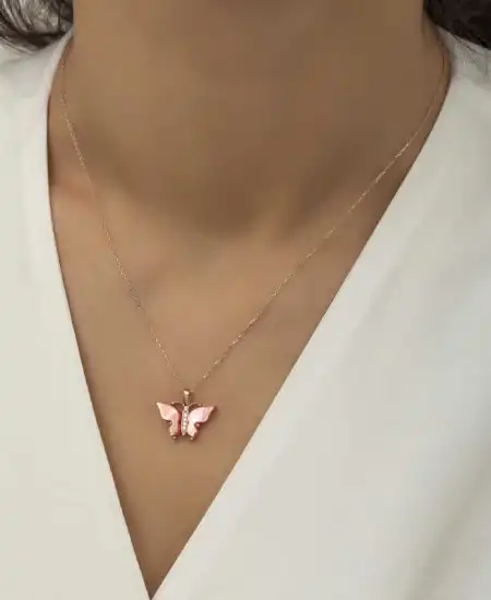 Gümüş Rose Pembe Kaplangözü Taşlı Kelebek Kolye